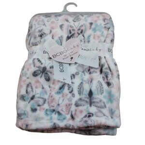 BCBG Baby Blanket Butterfly Flower Fleece Infant Girls White Pink Gray NWT